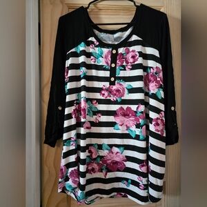 Chic Soul Black and White Striped Floral Top